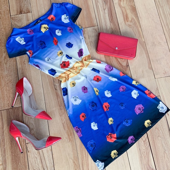 Red Tulip Mini Bodycon Stretch Floral Summer Dress Blue Multicolor Roses Dali 4 - Picture 16 of 16